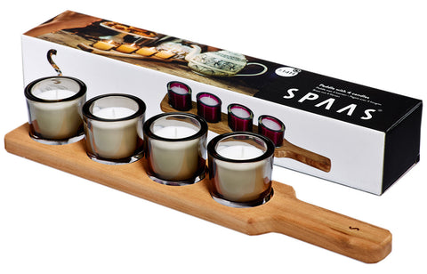 Wooden Paddle 4 Candle Brown Glass Gift Set Boxed 